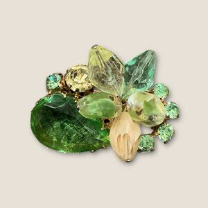 Vintage Estate Large Green Cabochon Rhinestone Beaded Brooch Pin